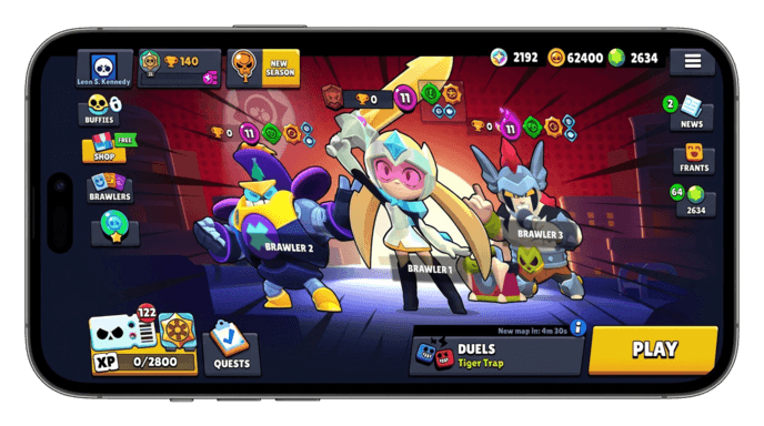 Stylized smartphones showing Brawl Stars progression screens